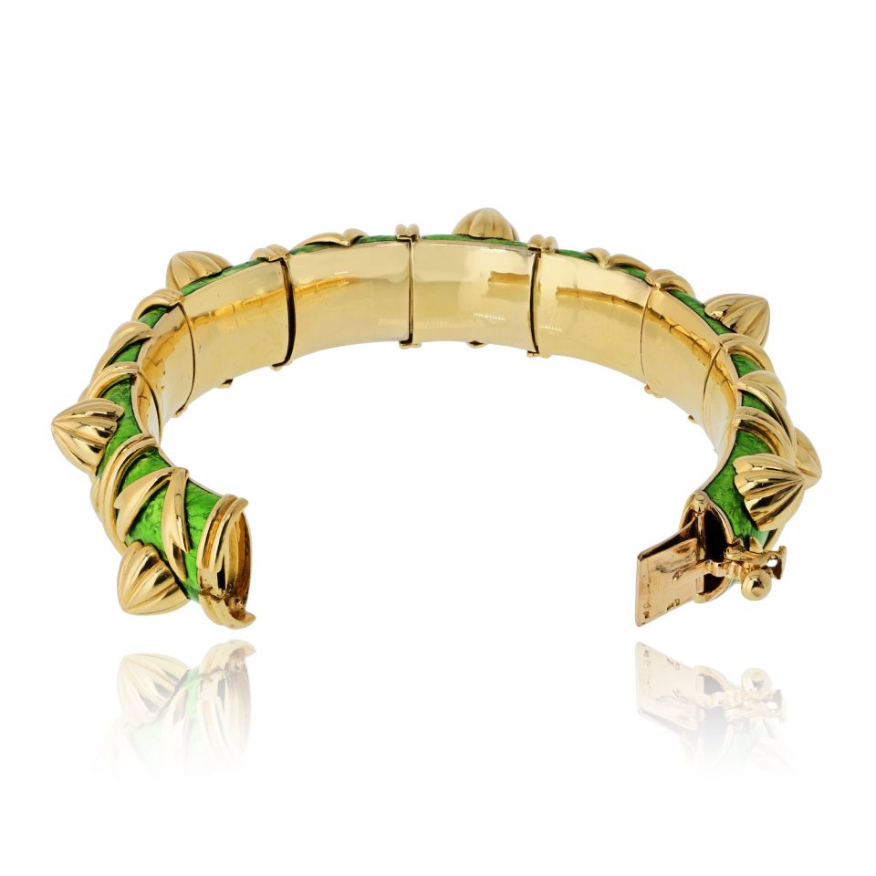 Tiffany & Co. Schlumberger 18K Yellow Gold Green Enamel Cone Losange Acorn Bangle Bracelet — view 4 — Laura Milman New York