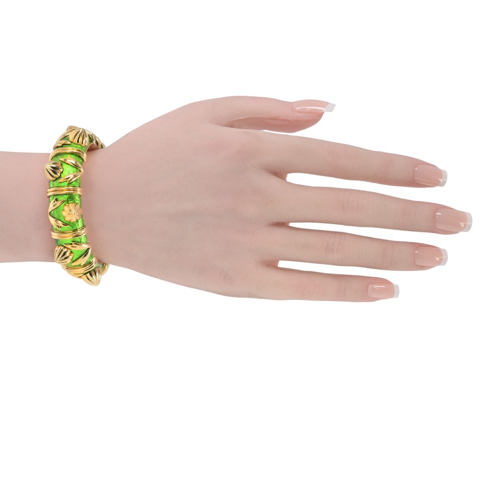Tiffany & Co. Schlumberger 18K Yellow Gold Green Enamel Cone Losange Acorn Bangle Bracelet — view 5 — Laura Milman New York