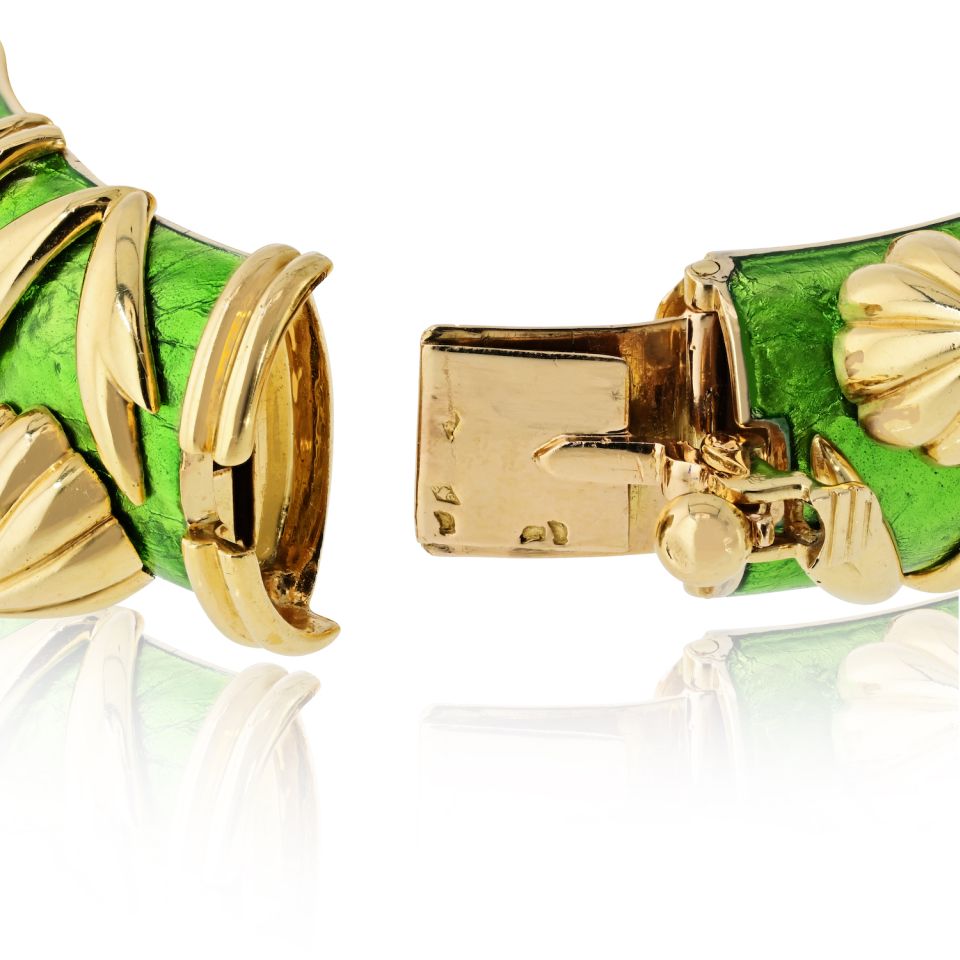 Tiffany & Co. Schlumberger 18K Yellow Gold Green Enamel Cone Losange Acorn Bangle Bracelet — view 7 — Laura Milman New York