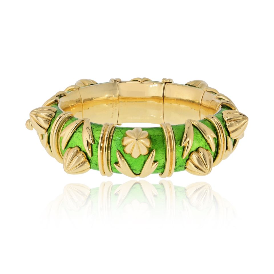 Tiffany & Co. Schlumberger 18K Yellow Gold Green Enamel Cone Losange Acorn Bangle Bracelet — Laura Milman New York