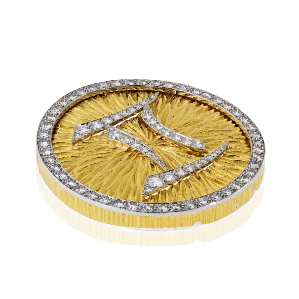 David Webb Gemini Platinum & 18K Yellow Gold Medallion Diamond Zodiac Pendant Brooch — view 2 — Laura Milman New York