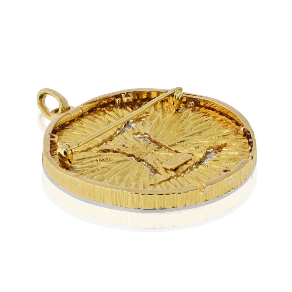 David Webb Gemini Platinum & 18K Yellow Gold Medallion Diamond Zodiac Pendant Brooch — view 4 — Laura Milman New York
