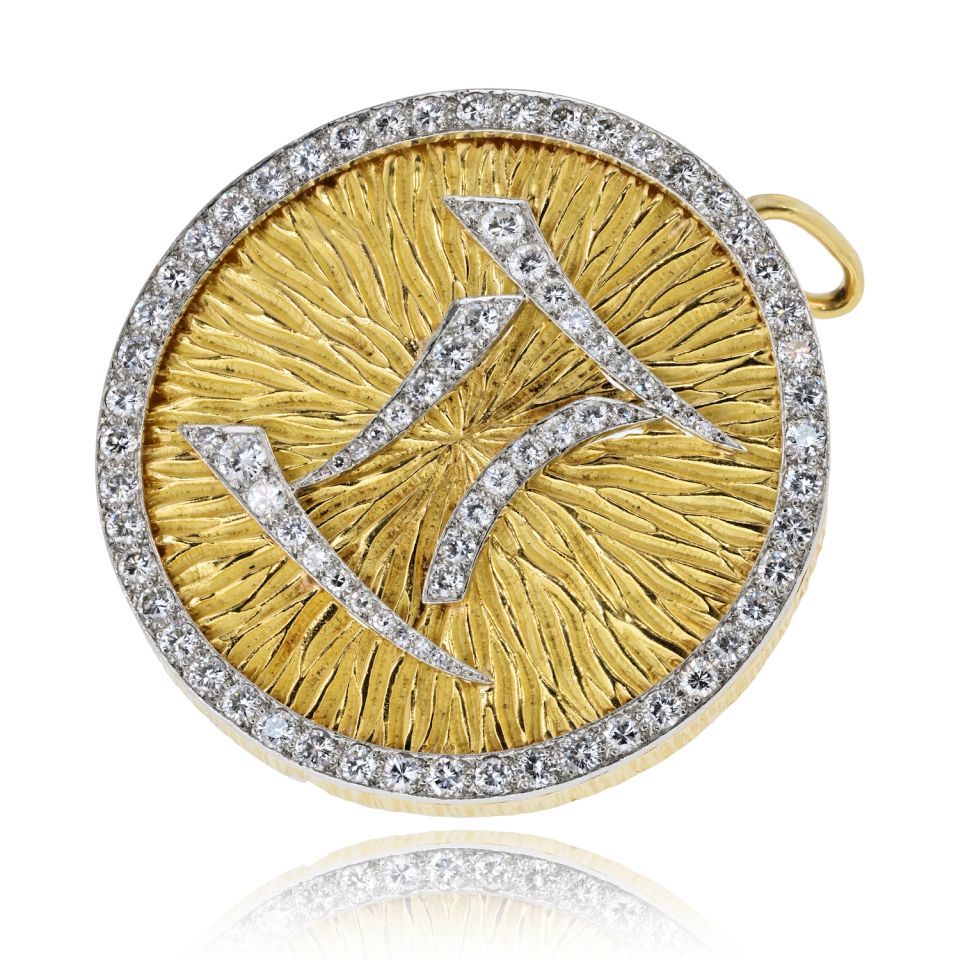 David Webb Gemini Platinum & 18K Yellow Gold Medallion Diamond Zodiac Pendant Brooch — view 7 — Laura Milman New York