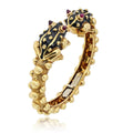David Webb 18K Yellow Gold Double Frog Black Enamel Ruby Eyes Bangle Bracelet view 3