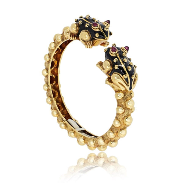 David Webb 18K Yellow Gold Double Frog Black Enamel Ruby Eyes Bangle Bracelet