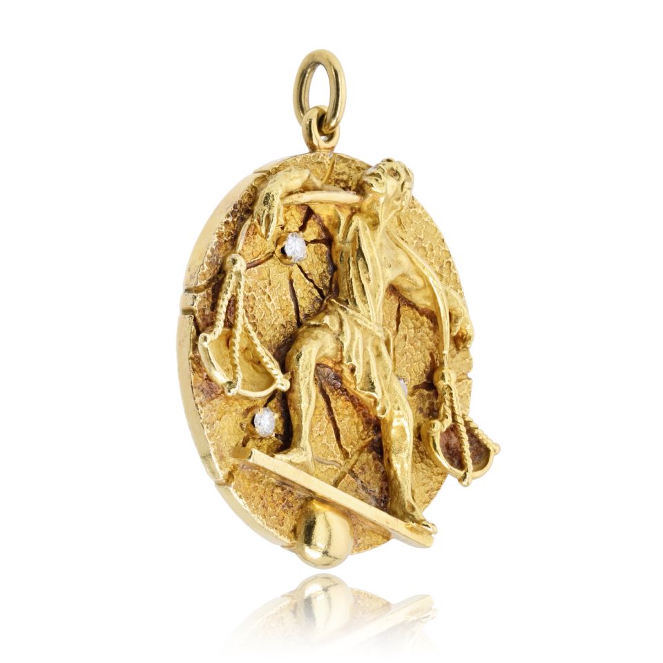 Tiffany & Co. 18K Yellow Gold Zodiac Libra 1970's 44.5mm Diamond Medallion Pendant — view 2 — Laura Milman New York