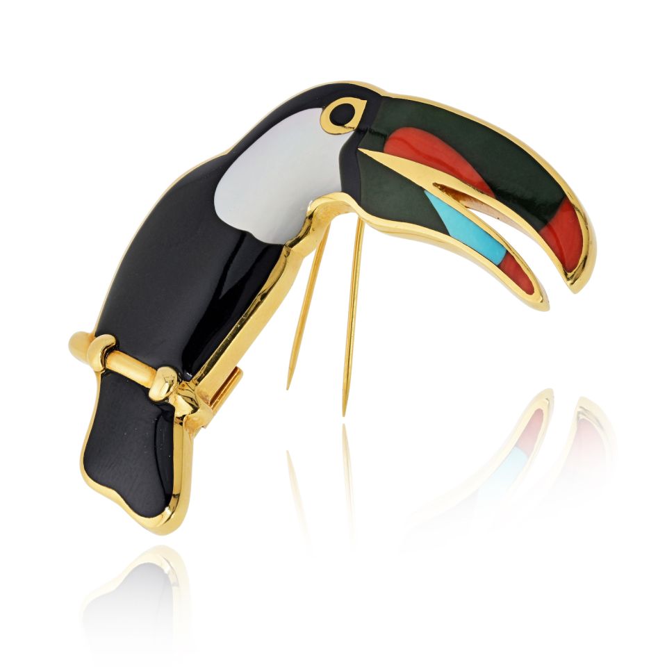 Tiffany & Co. 18K Yellow Gold Toucan Enamel Bird Brooch — view 2 — Laura Milman New York