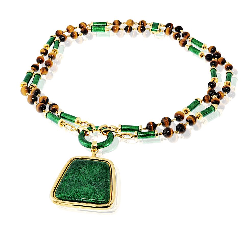 David Webb 18K Yellow Gold Green Enamel And Tiger Eye Sautoir Necklace — view 2 — Laura Milman New York