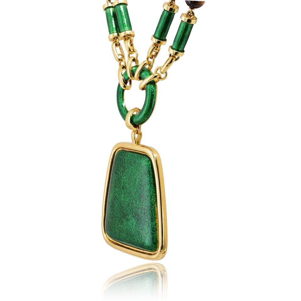David Webb 18K Yellow Gold Green Enamel And Tiger Eye Sautoir Necklace — view 5 — Laura Milman New York