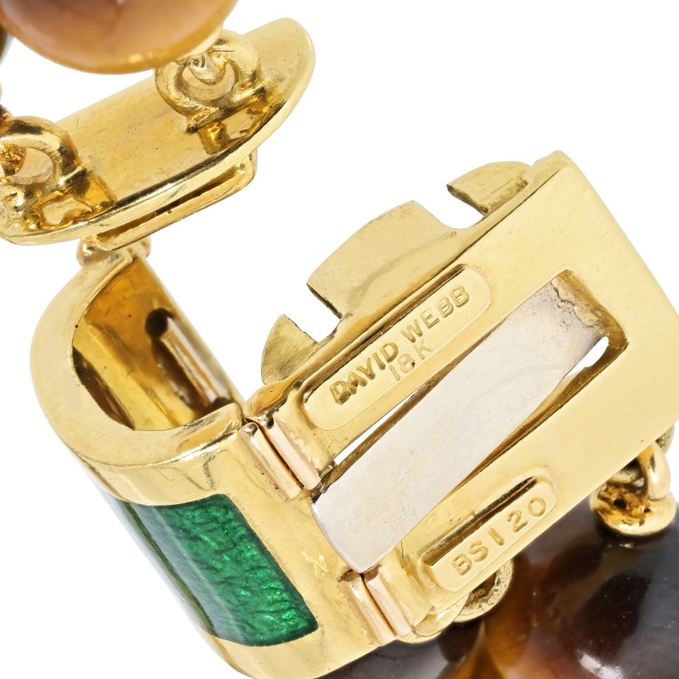David Webb 18K Yellow Gold Green Enamel And Tiger Eye Sautoir Necklace — view 6 — Laura Milman New York
