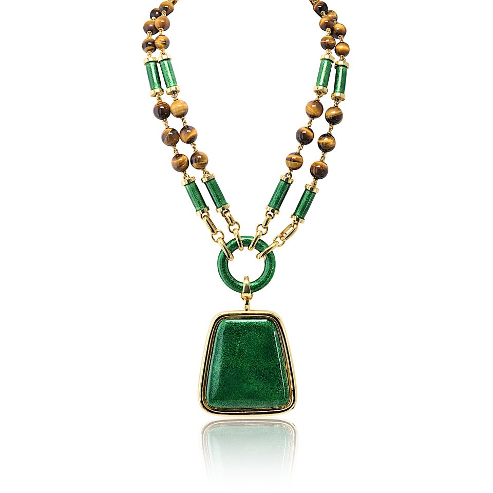 David Webb 18K Yellow Gold Green Enamel And Tiger Eye Sautoir Necklace — Laura Milman New York