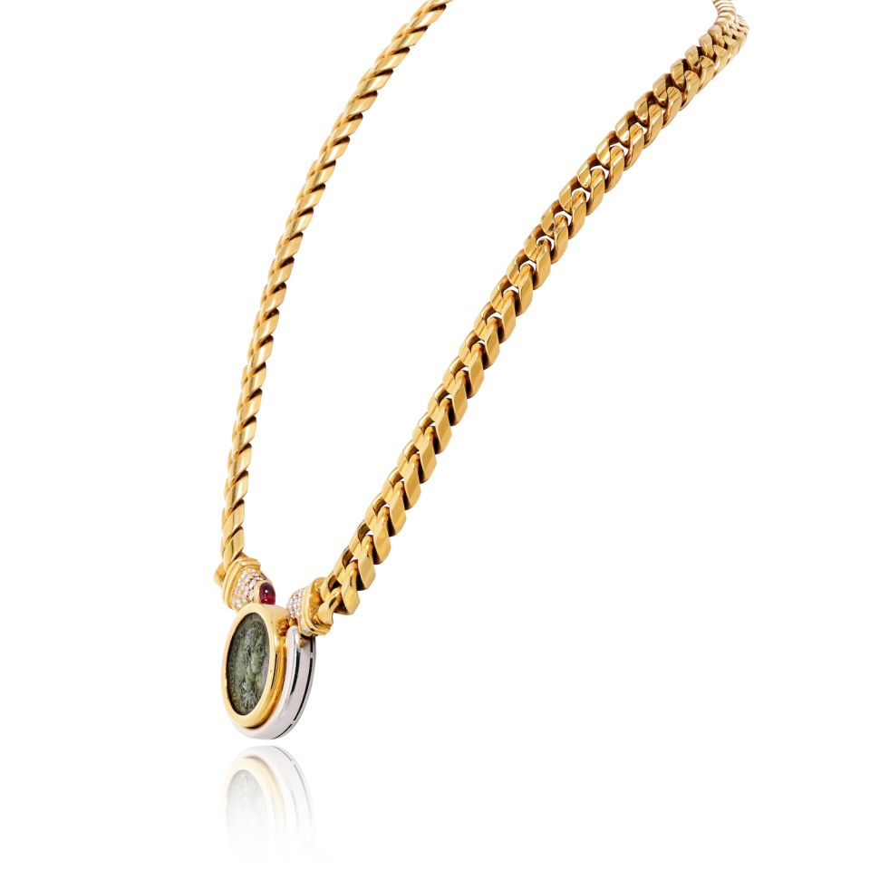 Bvlgari Coin 18K Two Tone Caracalla 198-211ad Diamond Ruby Coin Necklace — view 3 — Laura Milman New York