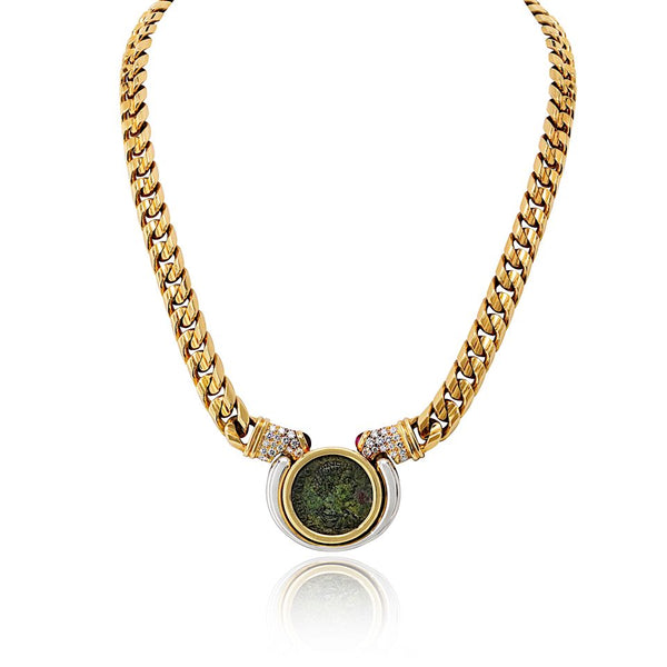 Bvlgari Coin 18K Two Tone Caracalla 198-211ad Diamond Ruby Coin Necklace