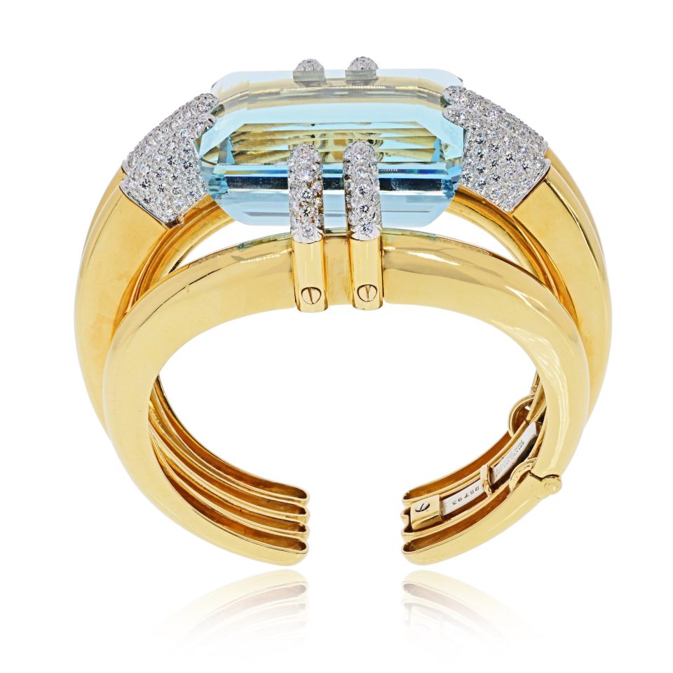 David Webb Notre Dame 18K Yellow Gold Aquamarine And Diamond Bracelet — view 6 — Laura Milman New York