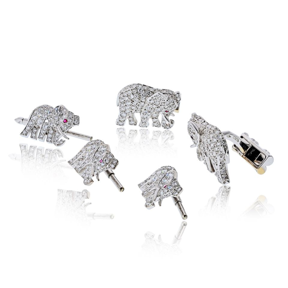 Cartier Diamond Elephant 18K White Gold Walking Elephant Shirt Studs And Cuff Links — view 2 — Laura Milman New York