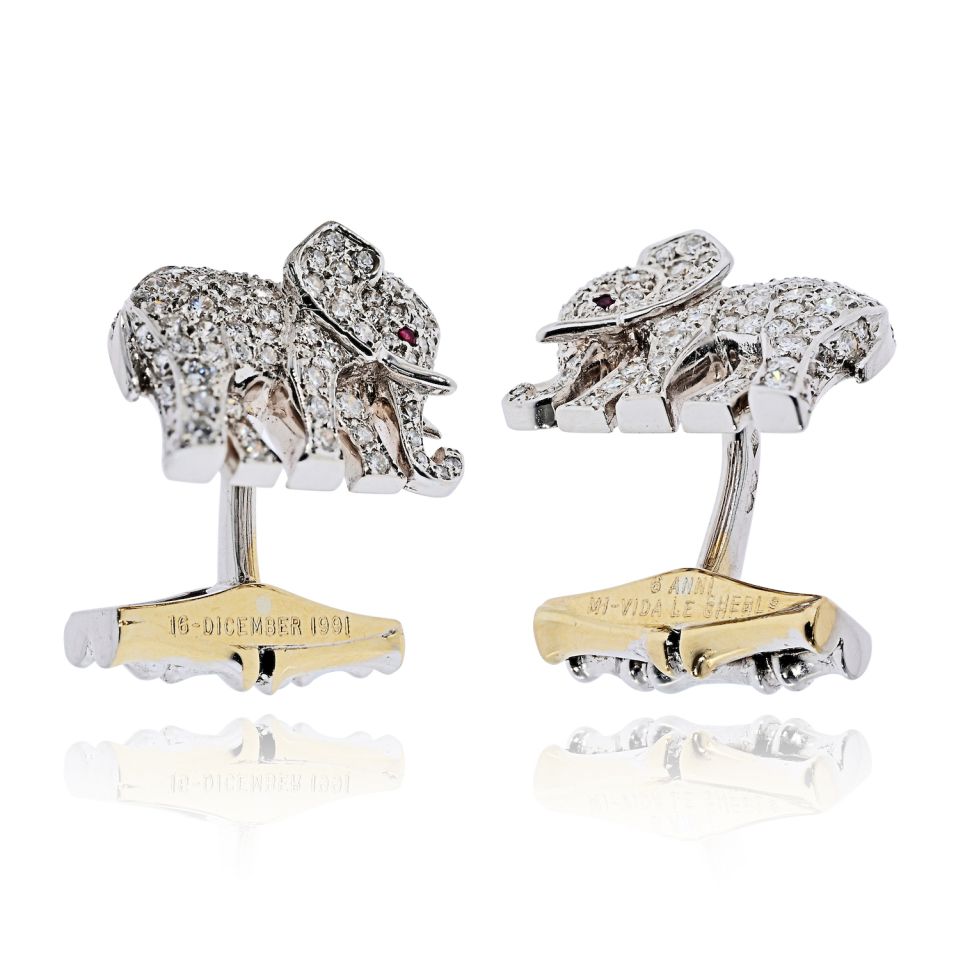 Cartier Diamond Elephant 18K White Gold Walking Elephant Shirt Studs And Cuff Links — view 7 — Laura Milman New York