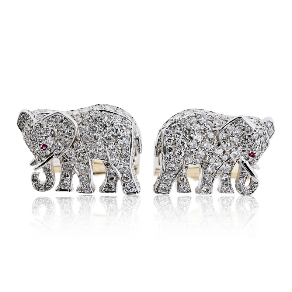 Cartier Diamond Elephant 18K White Gold Walking Elephant Shirt Studs And Cuff Links — view 8 — Laura Milman New York