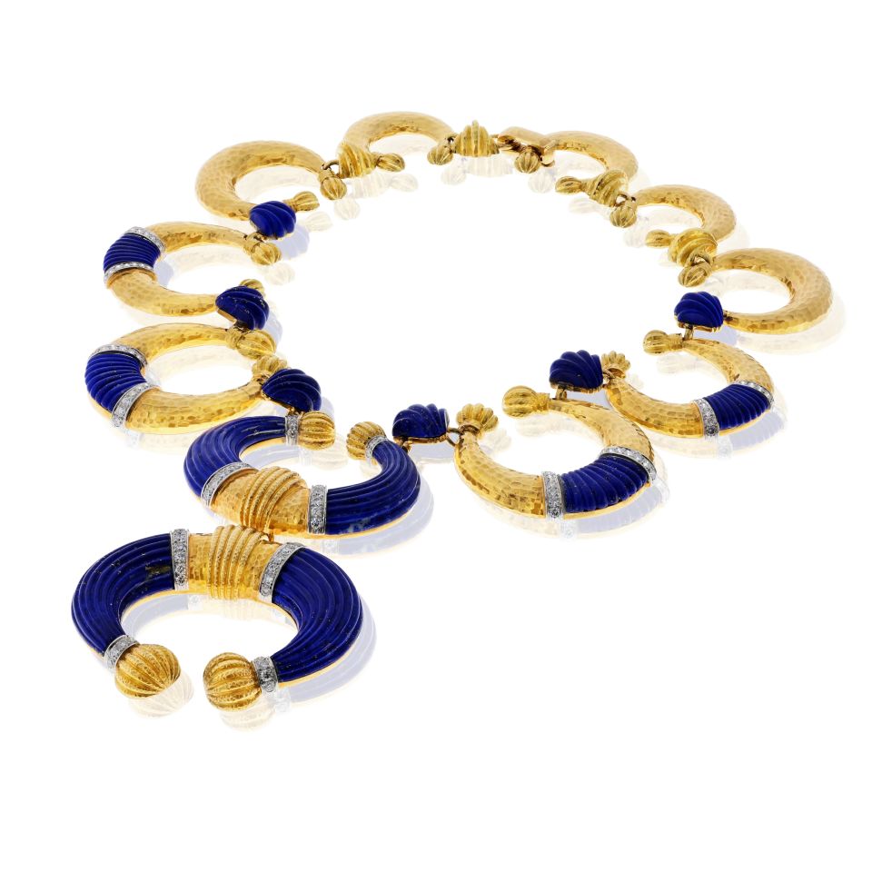David Webb Crescent Platinum & 18K Yellow Gold Carved Lapis Lazuli Necklace — view 2 — Laura Milman New York