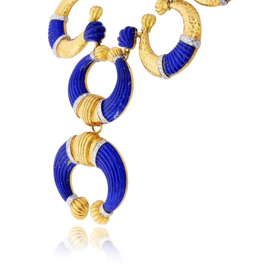 David Webb Crescent Platinum & 18K Yellow Gold Carved Lapis Lazuli Necklace — view 5 — Laura Milman New York