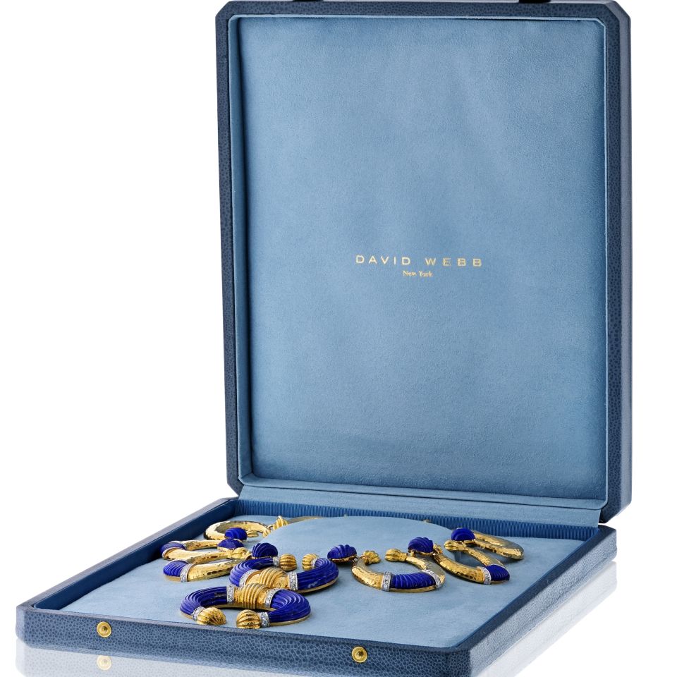 David Webb Crescent Platinum & 18K Yellow Gold Carved Lapis Lazuli Necklace — view 8 — Laura Milman New York