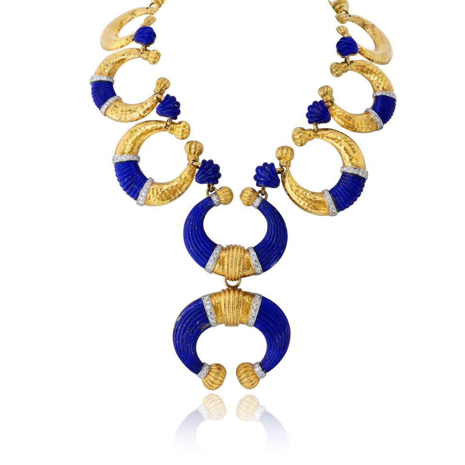 David Webb Crescent Platinum & 18K Yellow Gold Carved Lapis Lazuli Necklace — Laura Milman New York