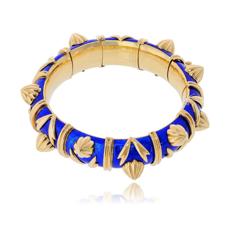 Tiffany & Co. Schlumberger 18K Yellow Gold Paillonne Blue Enamel Cones Bangle Bracelet — view 2 — Laura Milman New York