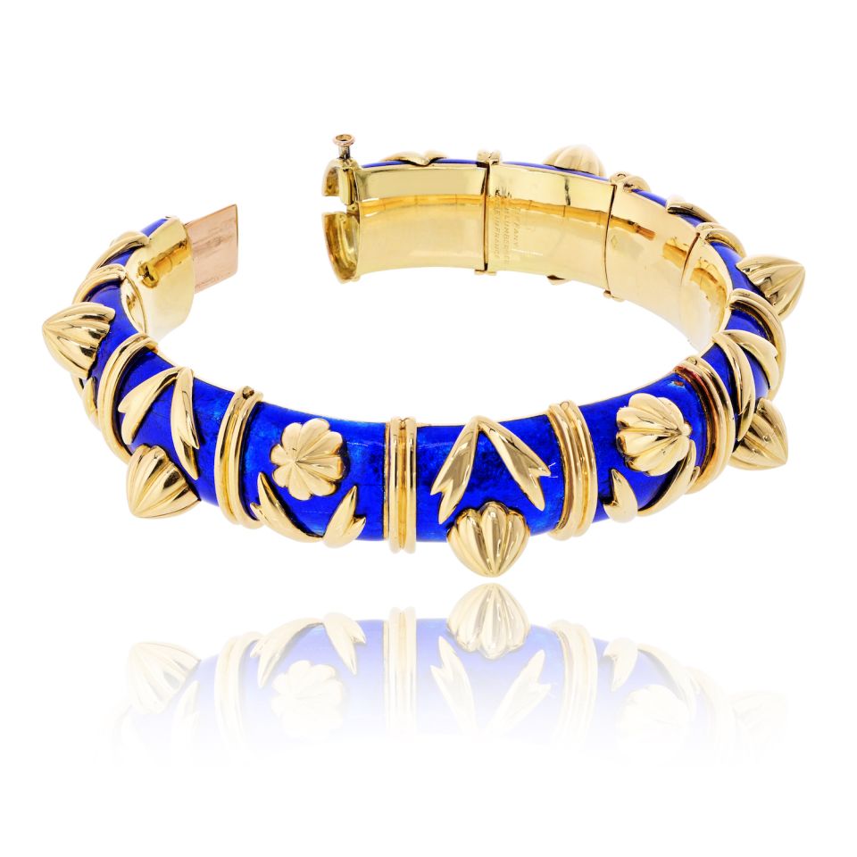 Tiffany & Co. Schlumberger 18K Yellow Gold Paillonne Blue Enamel Cones Bangle Bracelet — view 3 — Laura Milman New York
