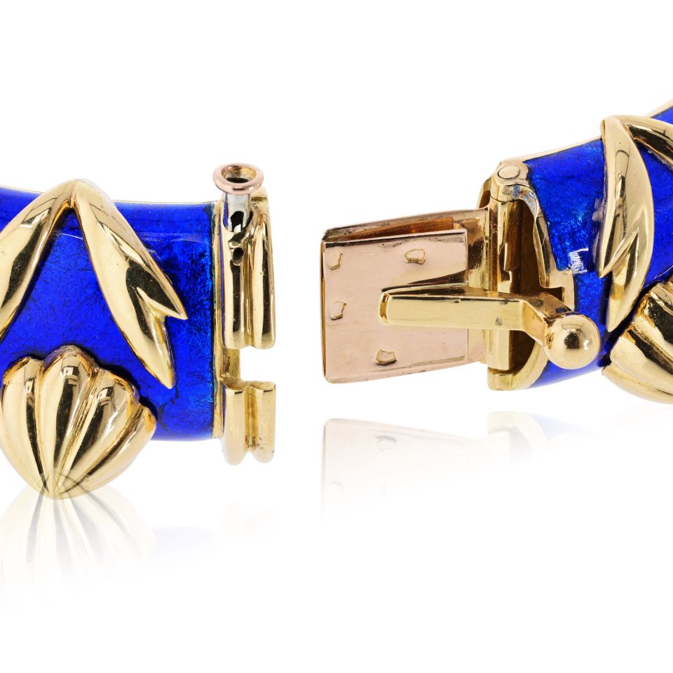 Tiffany & Co. Schlumberger 18K Yellow Gold Paillonne Blue Enamel Cones Bangle Bracelet — view 4 — Laura Milman New York