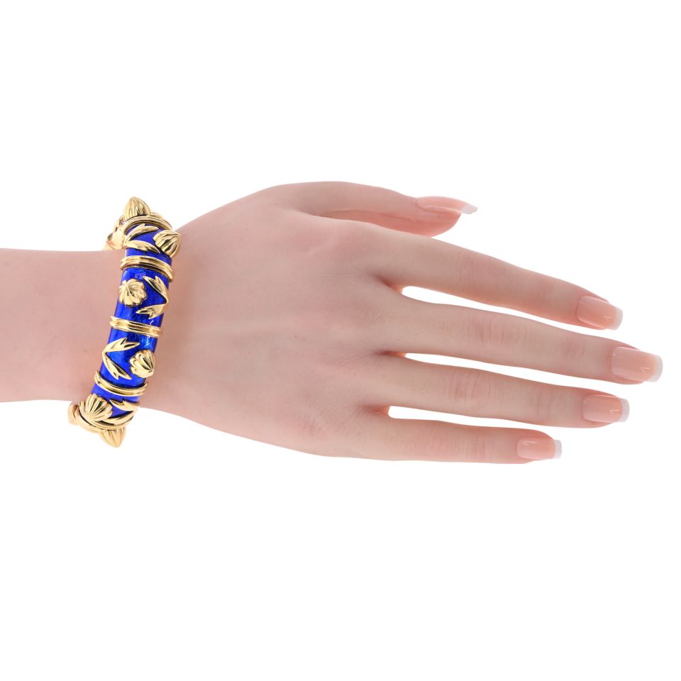 Tiffany & Co. Schlumberger 18K Yellow Gold Paillonne Blue Enamel Cones Bangle Bracelet — view 5 — Laura Milman New York