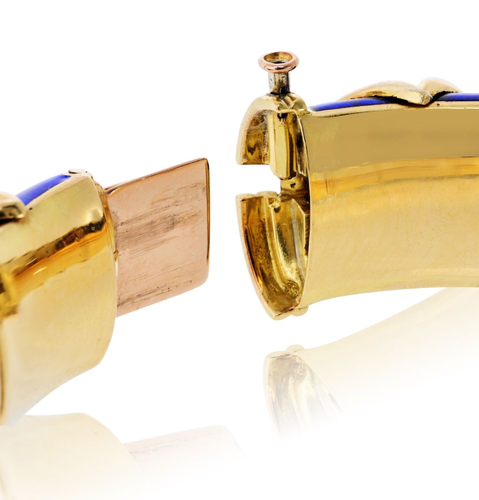 Tiffany & Co. Schlumberger 18K Yellow Gold Paillonne Blue Enamel Cones Bangle Bracelet — view 7 — Laura Milman New York