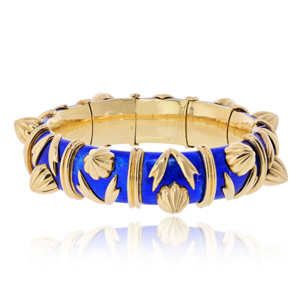 Tiffany & Co. Schlumberger 18K Yellow Gold Paillonne Blue Enamel Cones Bangle Bracelet — Laura Milman New York