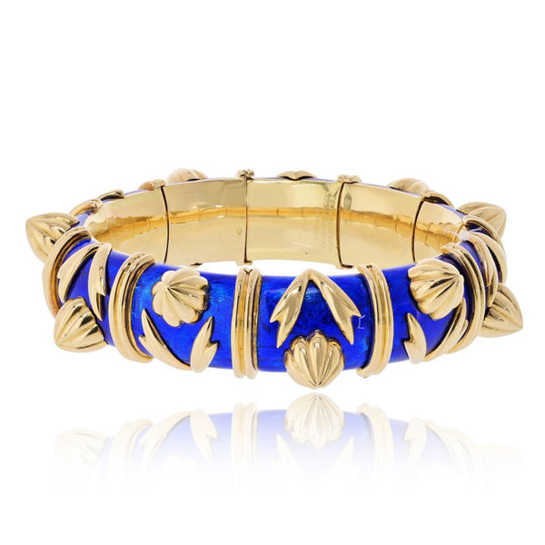 Tiffany & Co. Schlumberger 18K Yellow Gold Paillonne Blue Enamel Cones Bangle Bracelet
