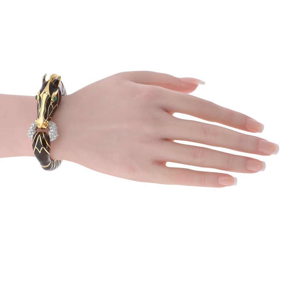 David Webb 18K Yellow Gold Brown Horse Green Eye Bracelet — view 5 — Laura Milman New York