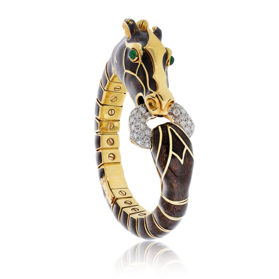 David Webb 18K Yellow Gold Brown Horse Green Eye Bracelet — Laura Milman New York