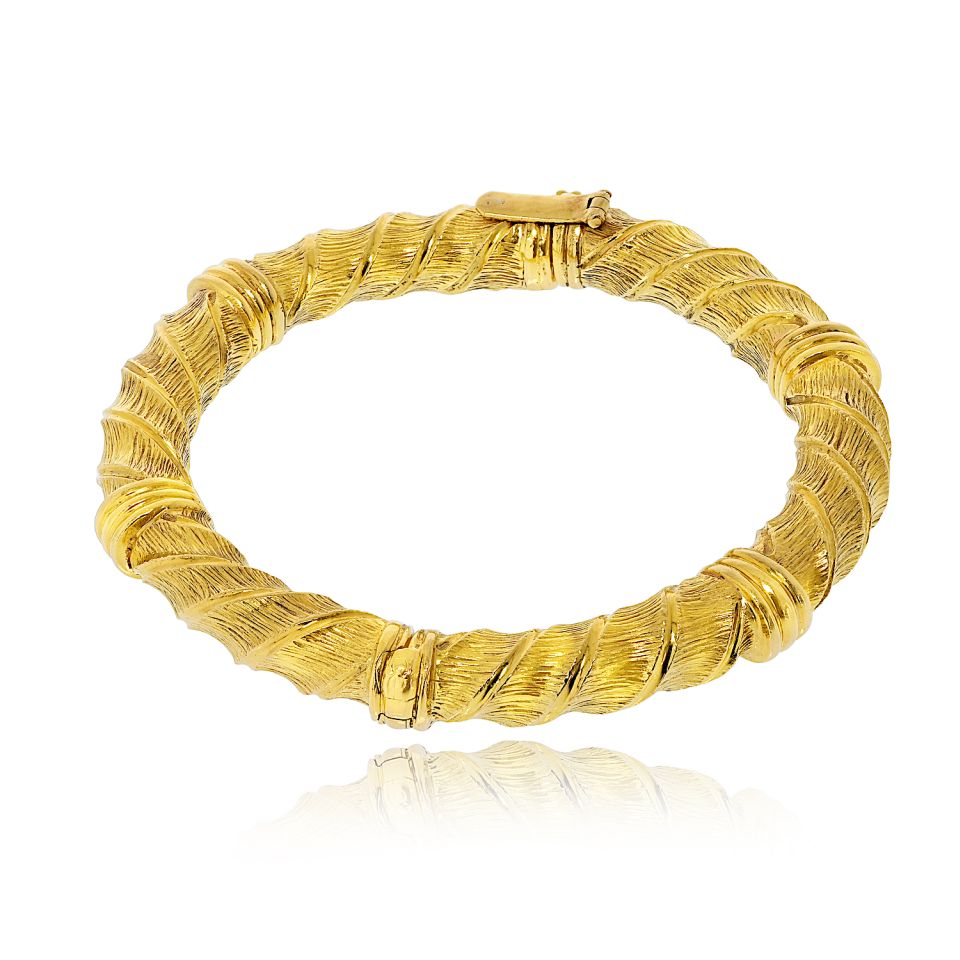 David Webb 18K Yellow Gold Textured Twist Bangle Bracelet — view 2 — Laura Milman New York