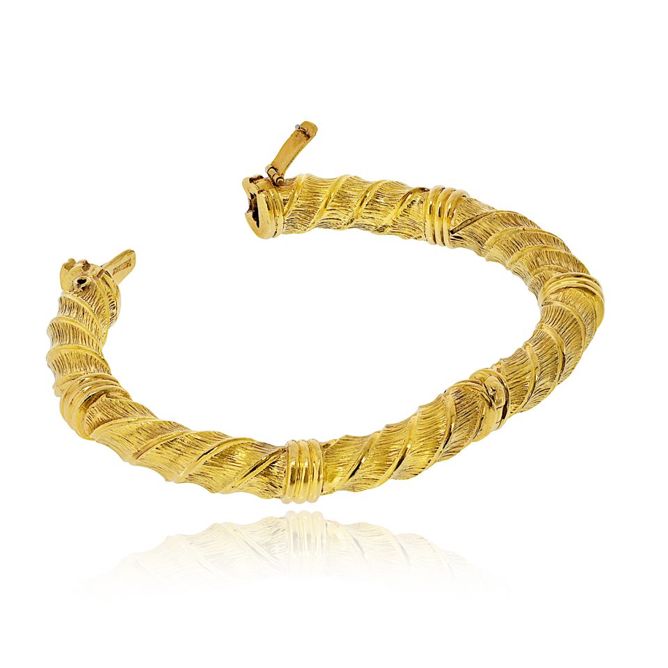 David Webb 18K Yellow Gold Textured Twist Bangle Bracelet — view 3 — Laura Milman New York