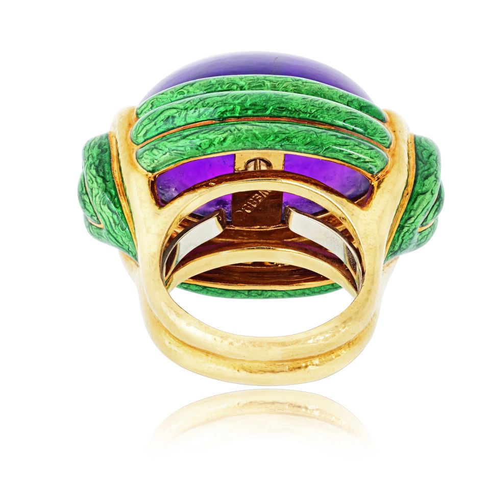 David Webb Amethyst 18K Yellow Gold Green Enamel Statement Cocktail Ring — view 6 — Laura Milman New York