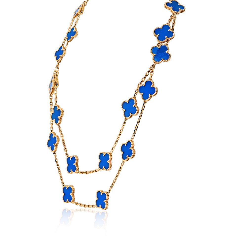 Van Cleef & Arpels Alhambra 18K Yellow Gold Blue Agate 20 Motif Necklace — view 2 — Laura Milman New York