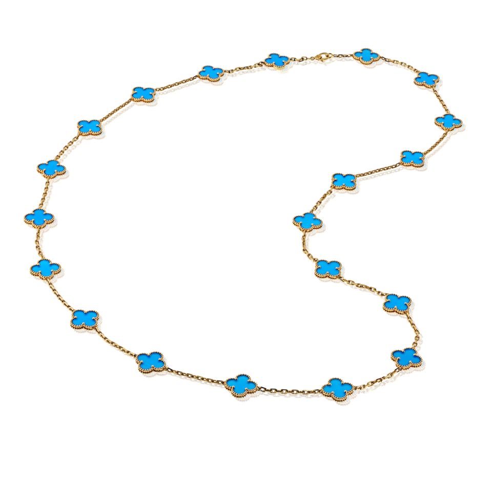 Van Cleef & Arpels Alhambra 18K Yellow Gold Blue Agate 20 Motif Necklace — view 3 — Laura Milman New York