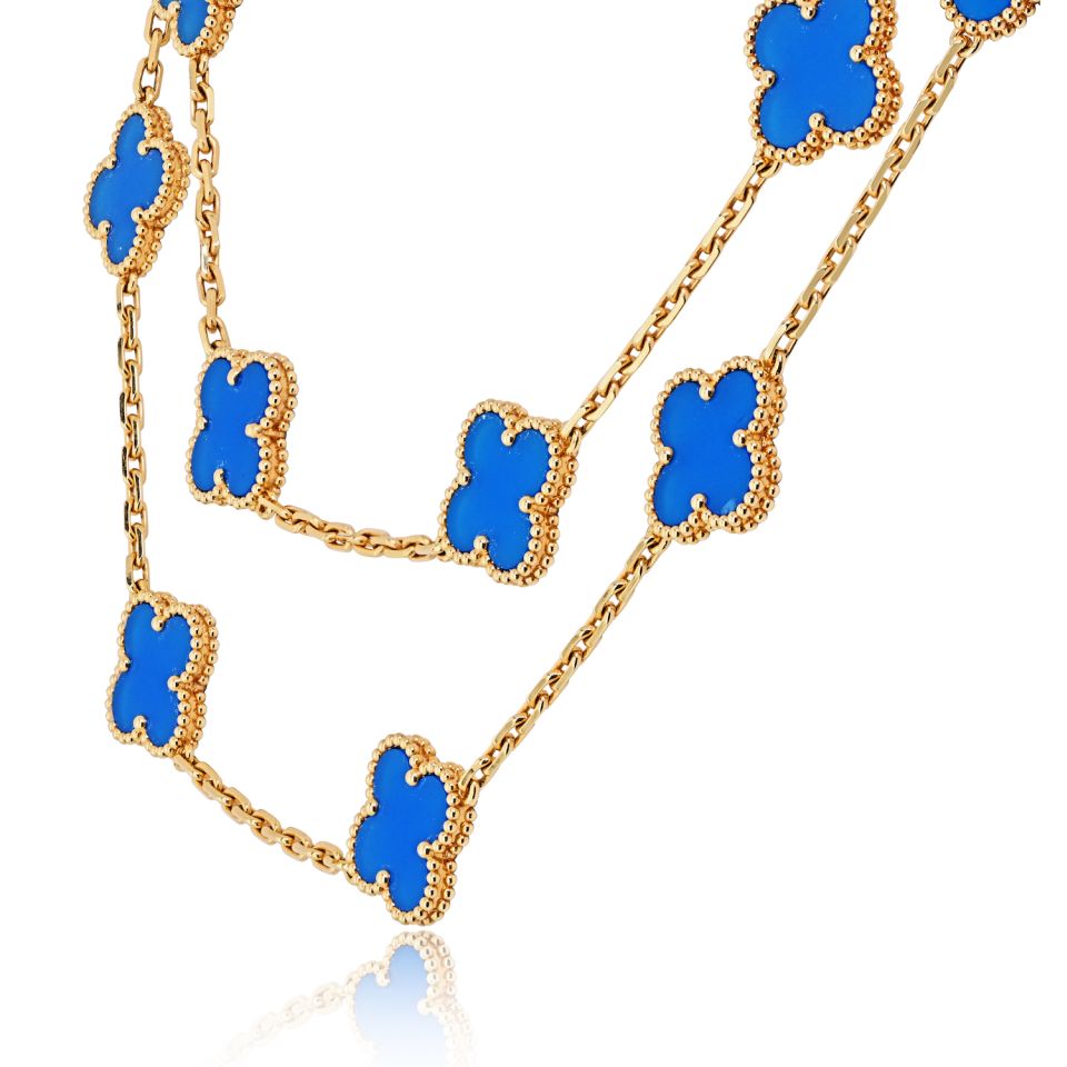 Van Cleef & Arpels Alhambra 18K Yellow Gold Blue Agate 20 Motif Necklace — view 5 — Laura Milman New York