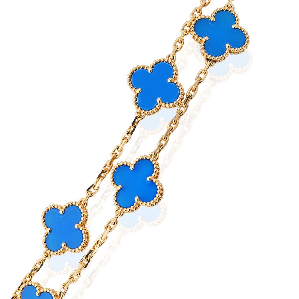 Van Cleef & Arpels Alhambra 18K Yellow Gold Blue Agate 20 Motif Necklace — view 6 — Laura Milman New York