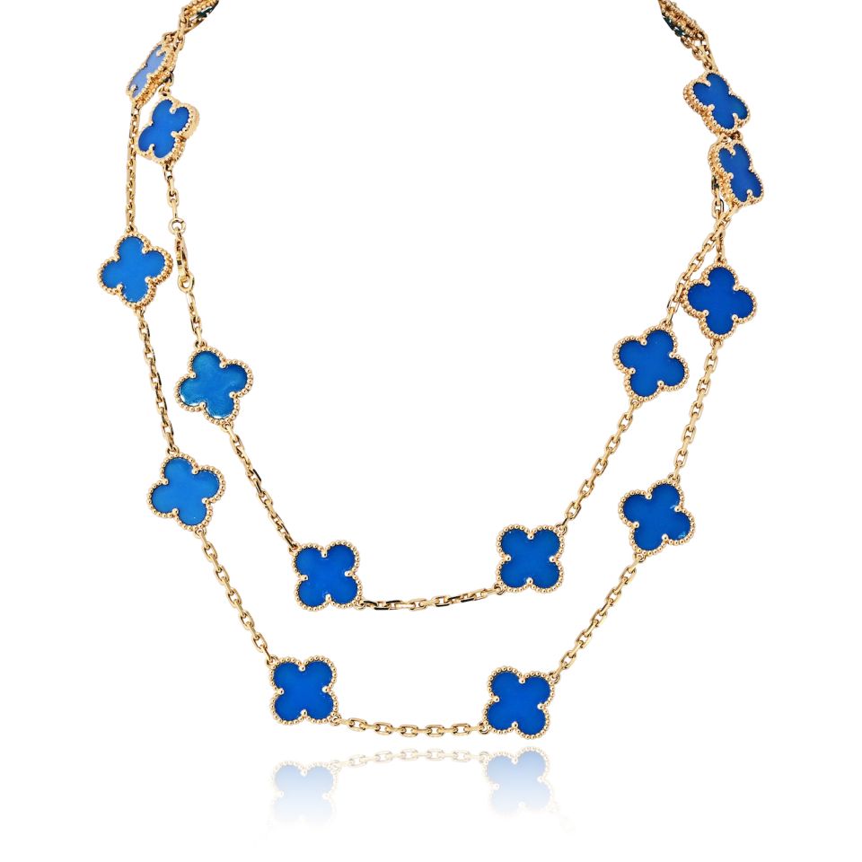 Van Cleef & Arpels Alhambra 18K Yellow Gold Blue Agate 20 Motif Necklace — Laura Milman New York