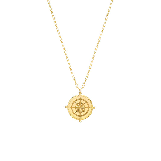 14K Gold Paperclip Chain Necklace Wind Rose Compass Medallion on Paper Clip Chai