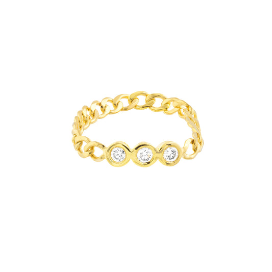 14K Gold Diamond Chain 1/10tcw Diamond Trio Curb Chain Ring