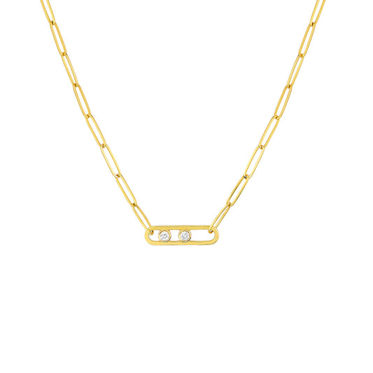 14K Gold Diamond Paperclip Chain Statement Necklace Twin Diamond Paper Clip Neck
