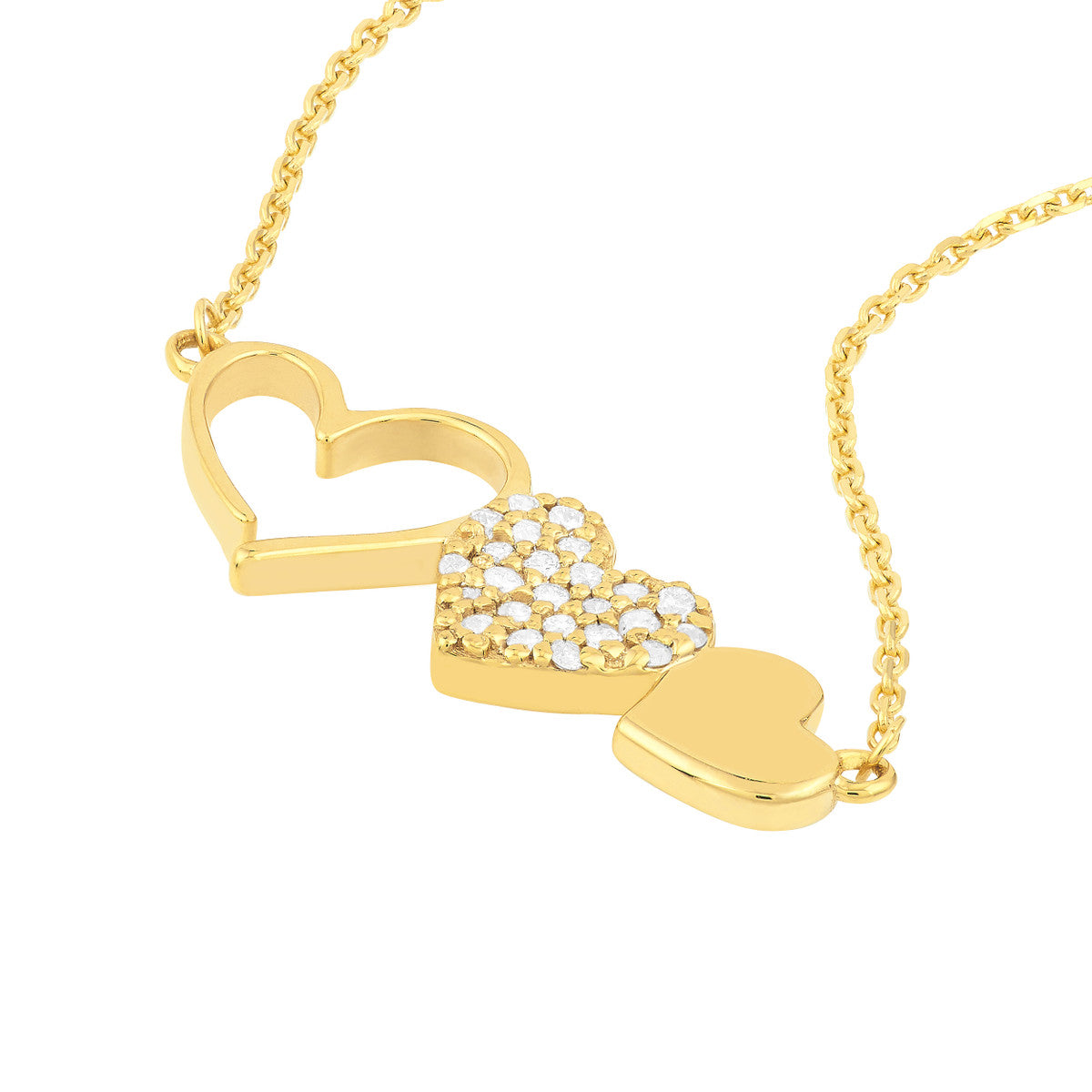 14K Gold Diamond Pendant Adjustable Necklace Heart Trio with Diamonds Necklace