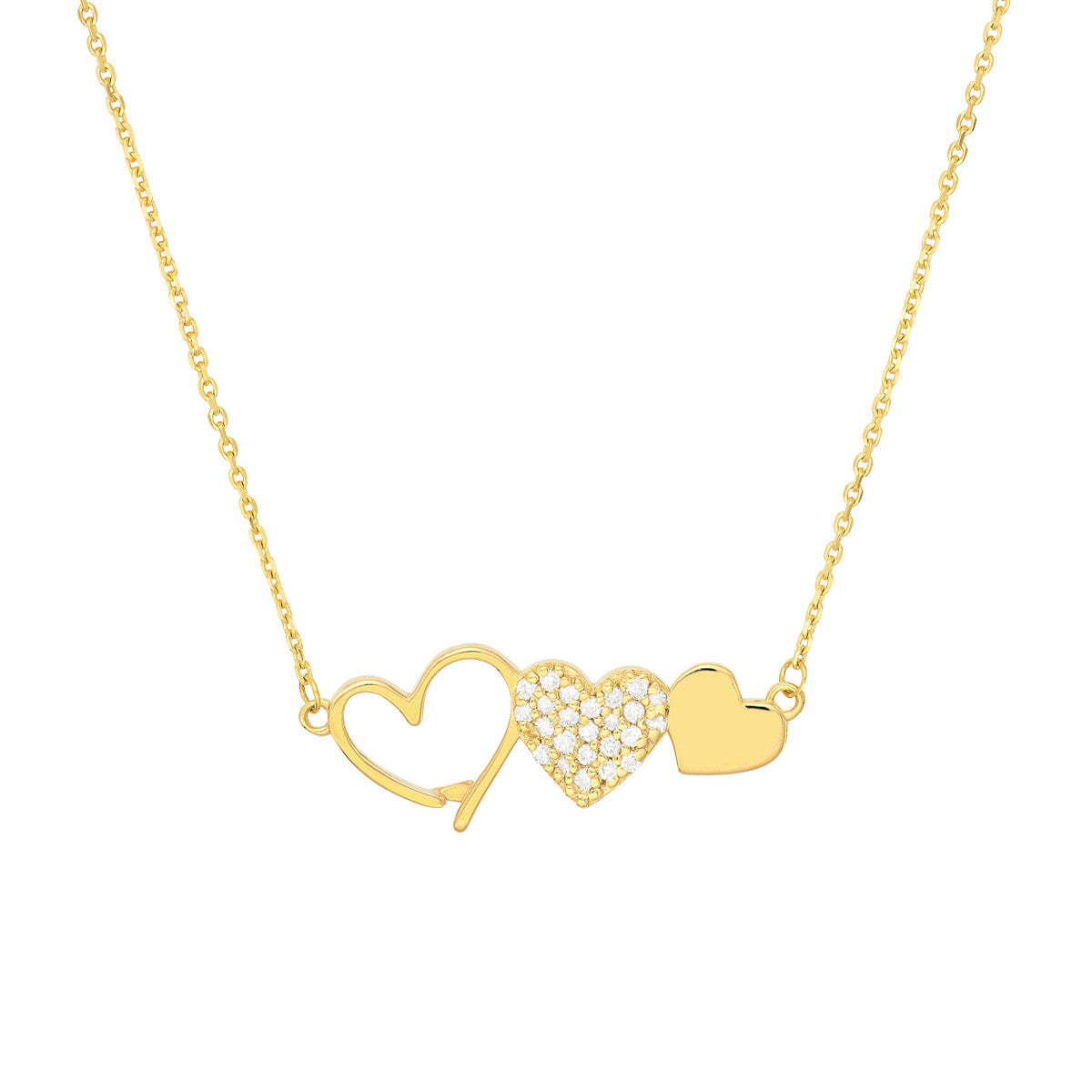 14K Gold Diamond Pendant Adjustable Necklace Heart Trio with Diamonds Necklace