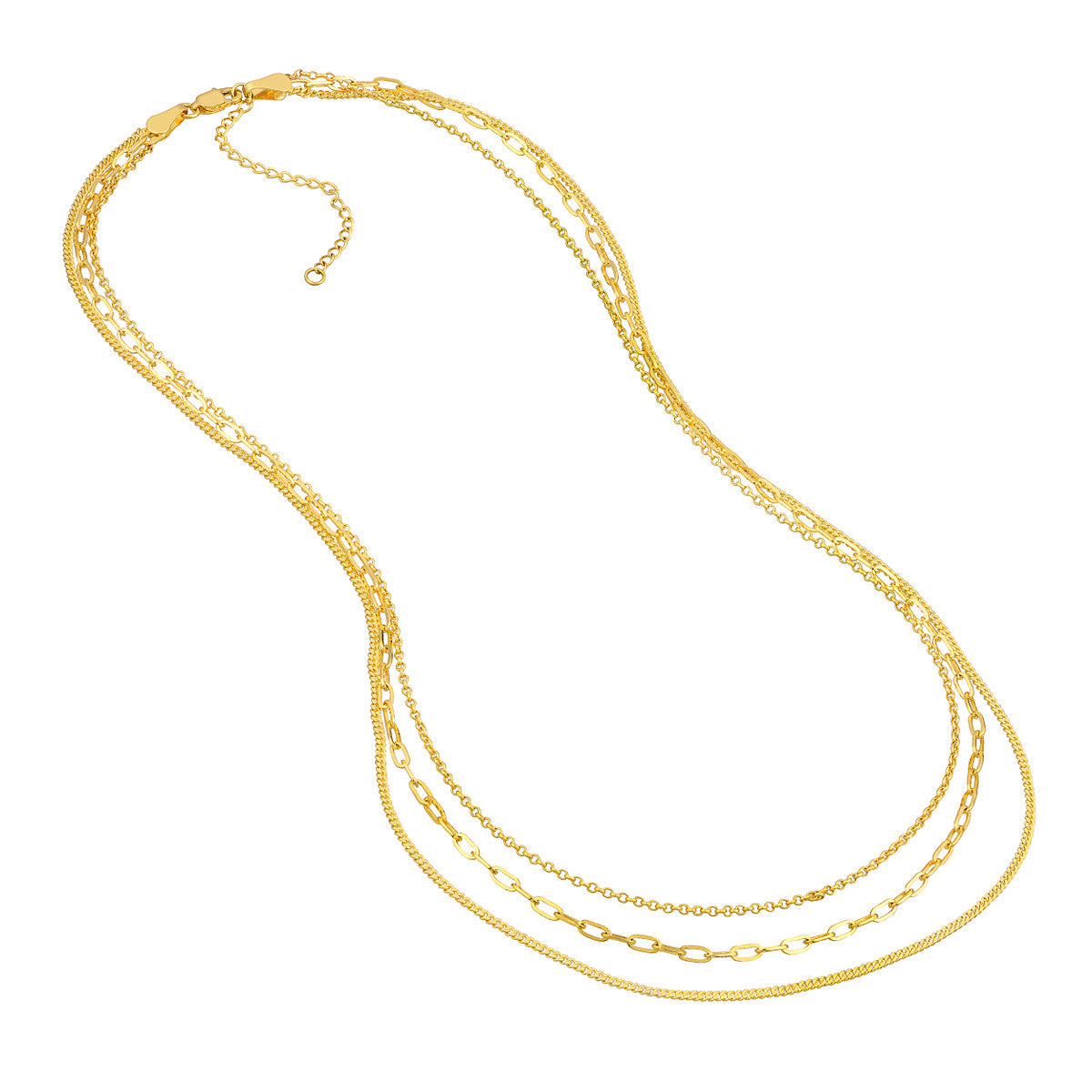 14K Gold Paperclip Chain Layered Necklace Rolo/Paper Clip/Curb Triple Chain Neck