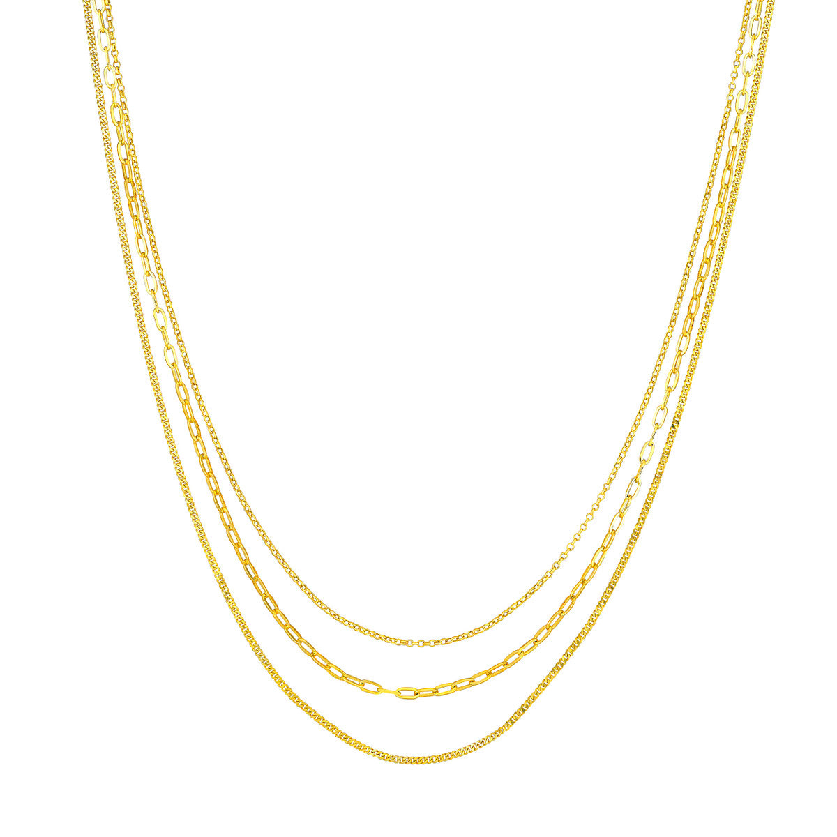 14K Gold Paperclip Chain Layered Necklace Rolo/Paper Clip/Curb Triple Chain Neck