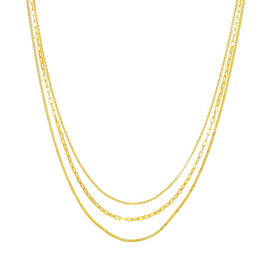 14K Gold Paperclip Chain Layered Necklace Rolo/Paper Clip/Curb Triple Chain Neck